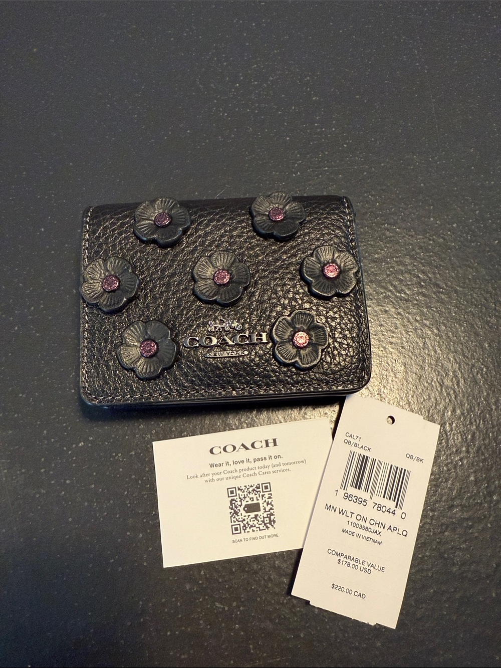 Coach Black Pebbled Leather Floral Appliqué Compact Wallet with Pink Accents - Picture 4 of 12